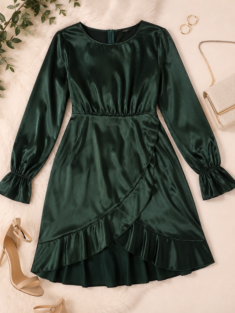 Long Sleeve Green Satin Wrap Dress